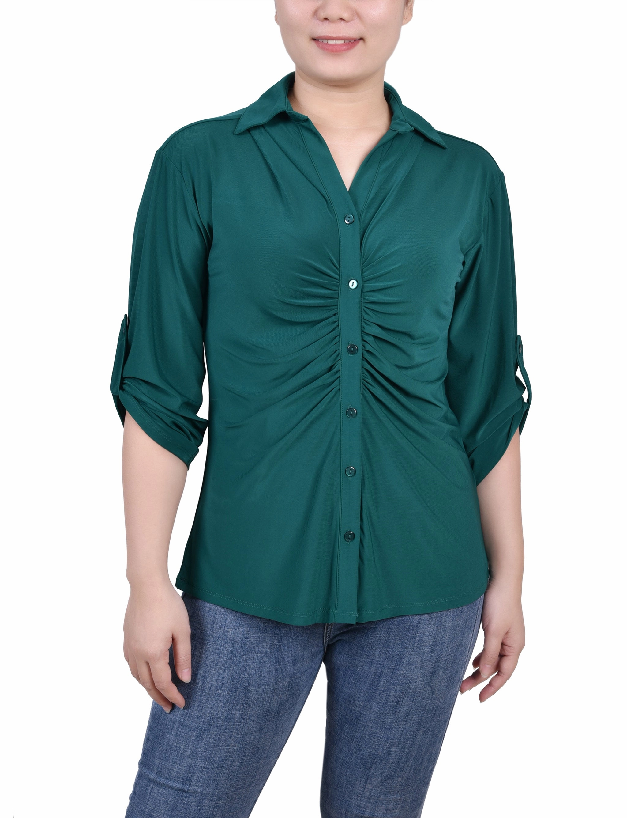 Relaxed Outfit Petite 3/4 Roll Tab Rouched-Front Top