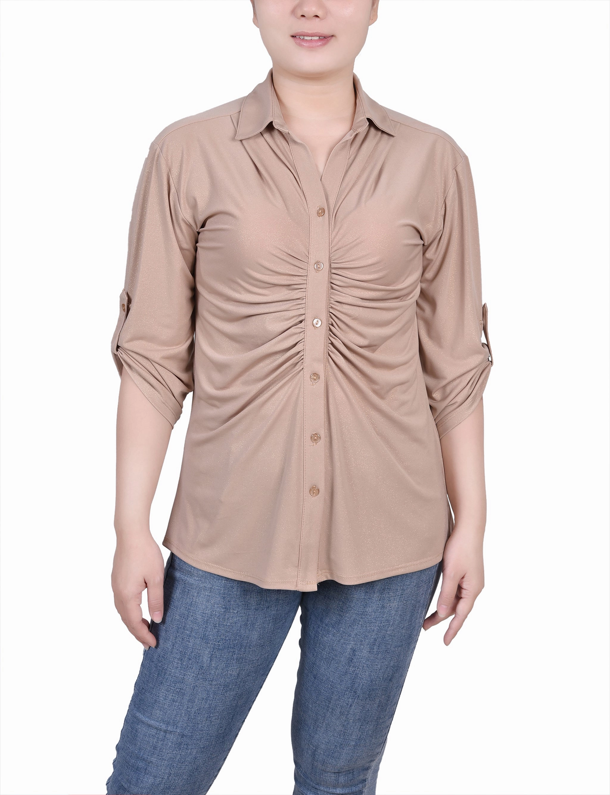 Petite 3/4 Roll Tab Rouched-Front Top Seasonal Layered