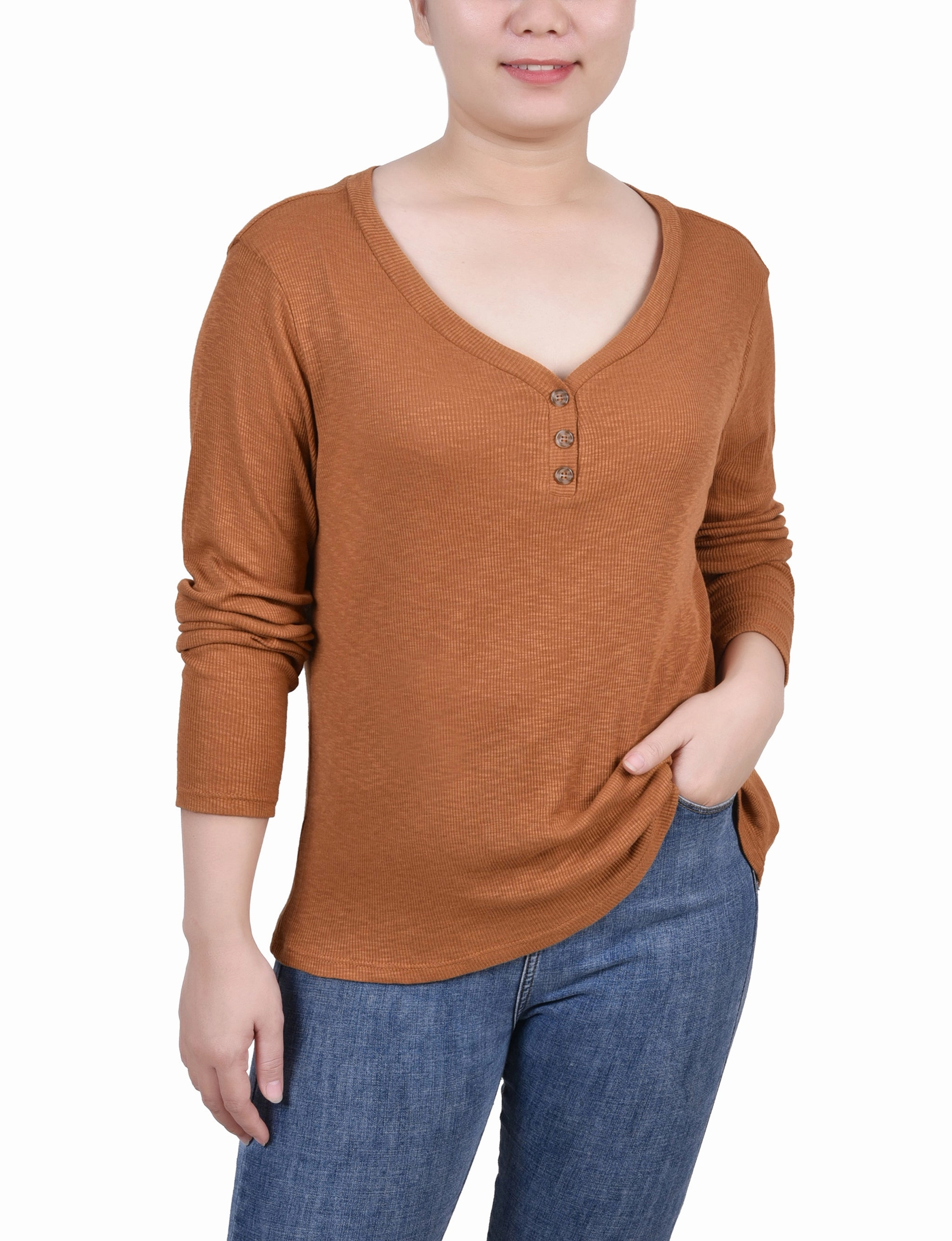 Petite Long Sleeve Ribbed Henley Top Quick Layer