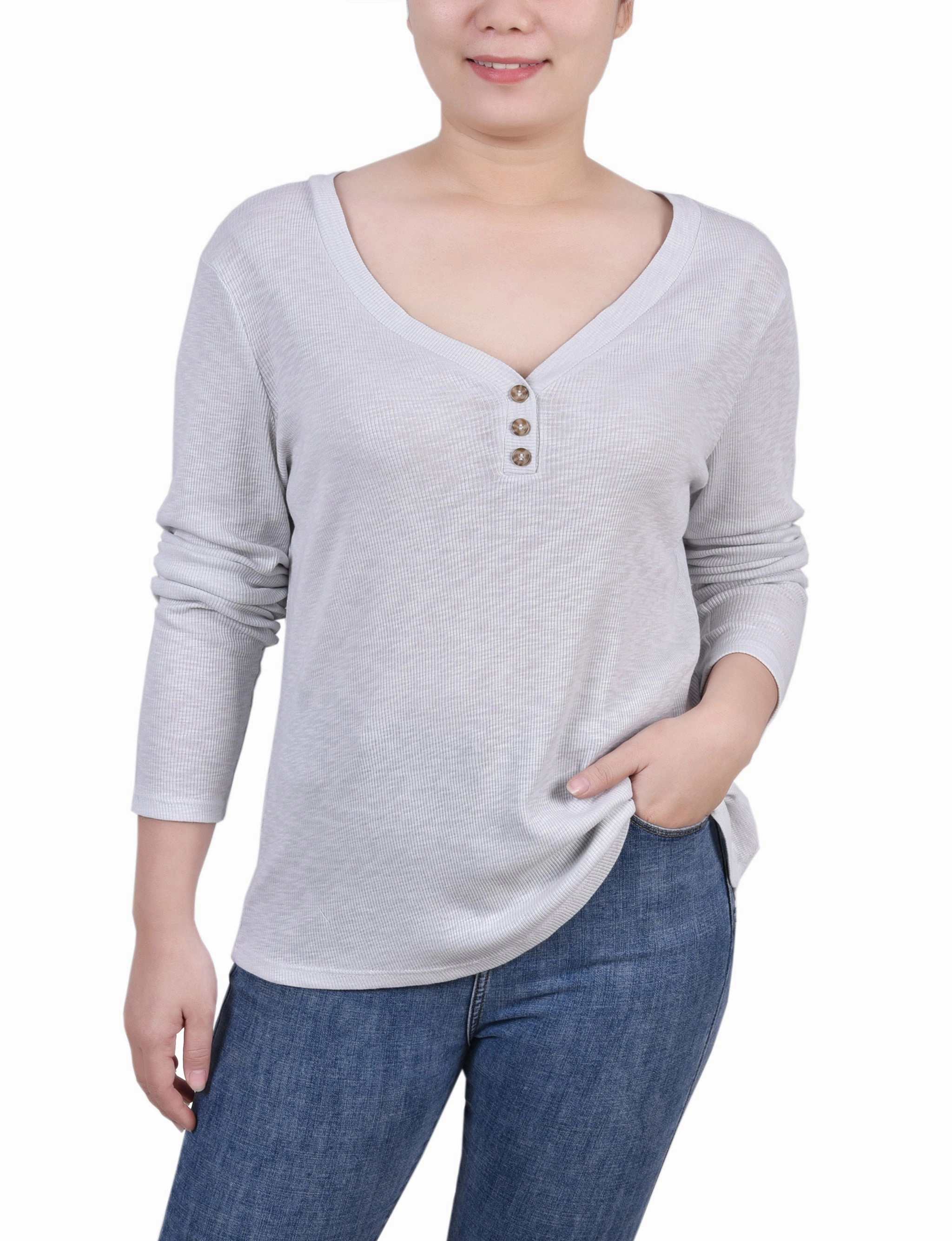 Diagonal Pocket Placement Petite Long Sleeve Ribbed Henley Top