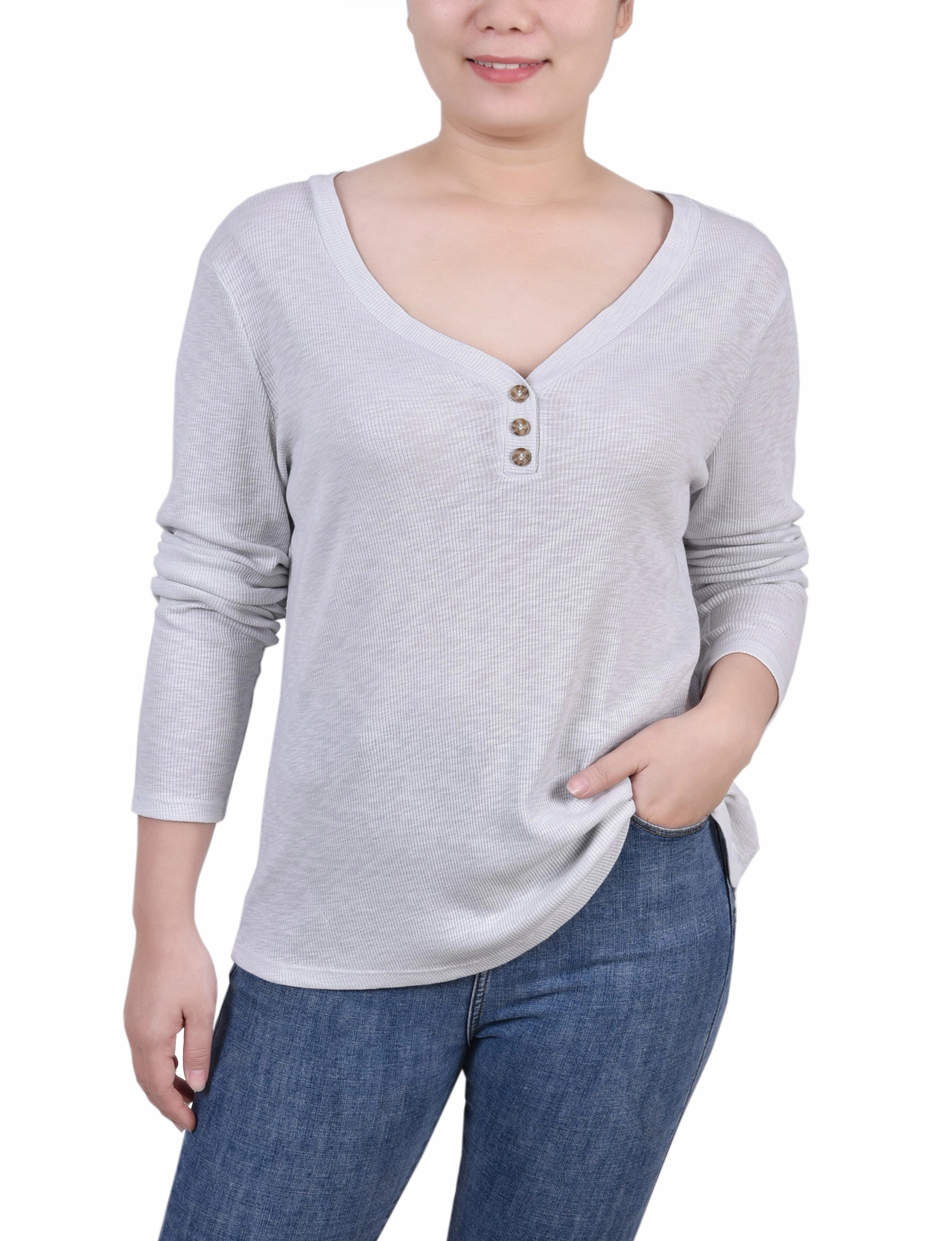 Stretch Fabric Skin Friendly Stitch Petite Long Sleeve Ribbed Henley Top
