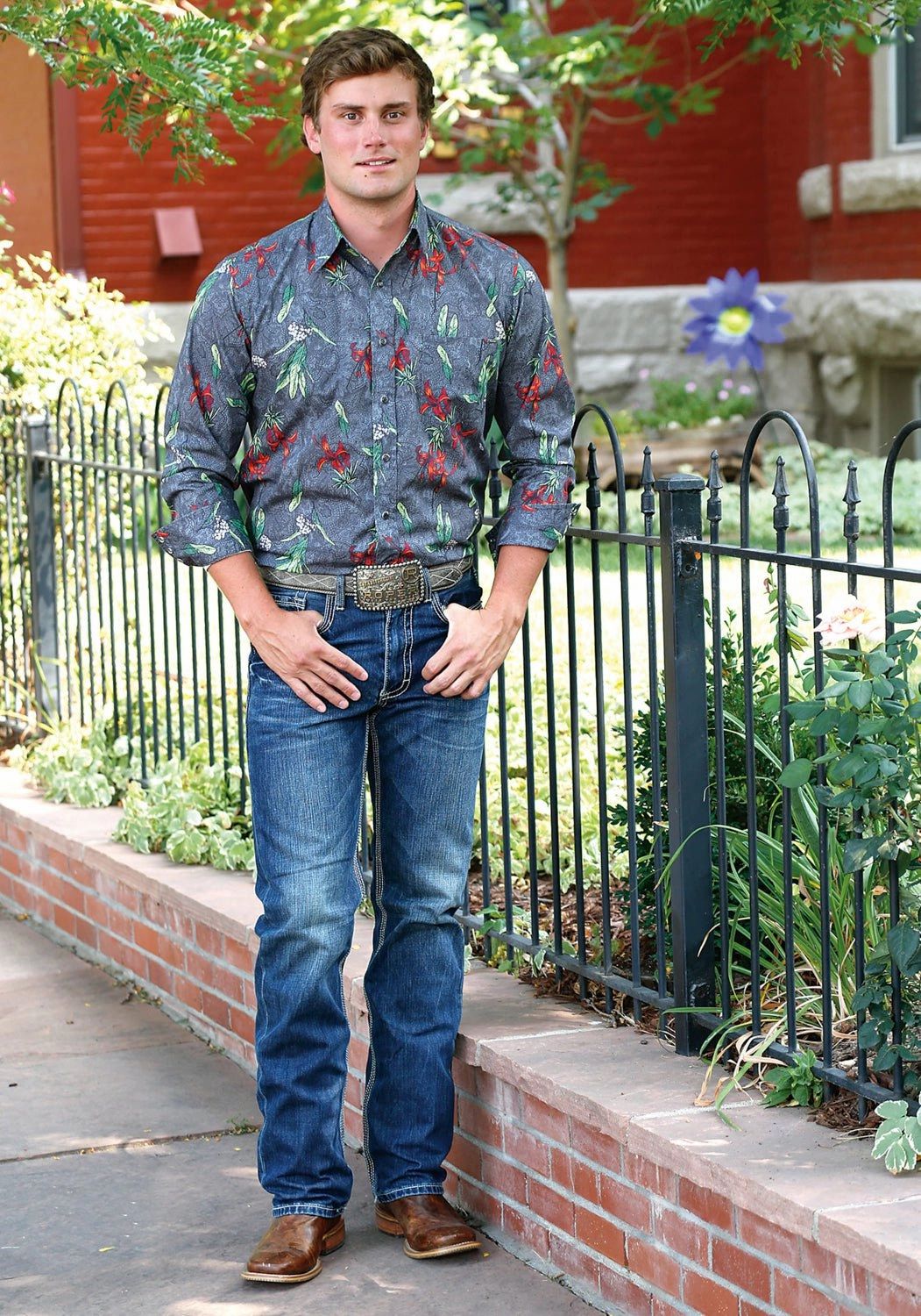 Roomy Cut Holiday Gift Tin Haul Mens Grey 100% Cotton Tropical Print L/S Shirt