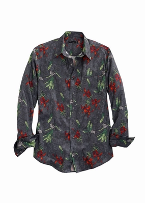Tin Haul Mens Grey 100% Cotton Tropical Print L/S Shirt Easy Care Material