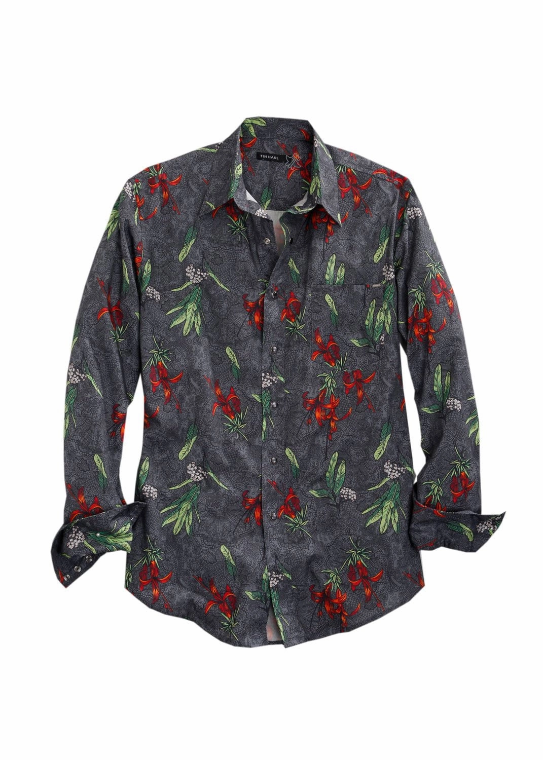 Tin Haul Mens Grey 100% Cotton Tropical Print L/S Shirt Easy Care Material