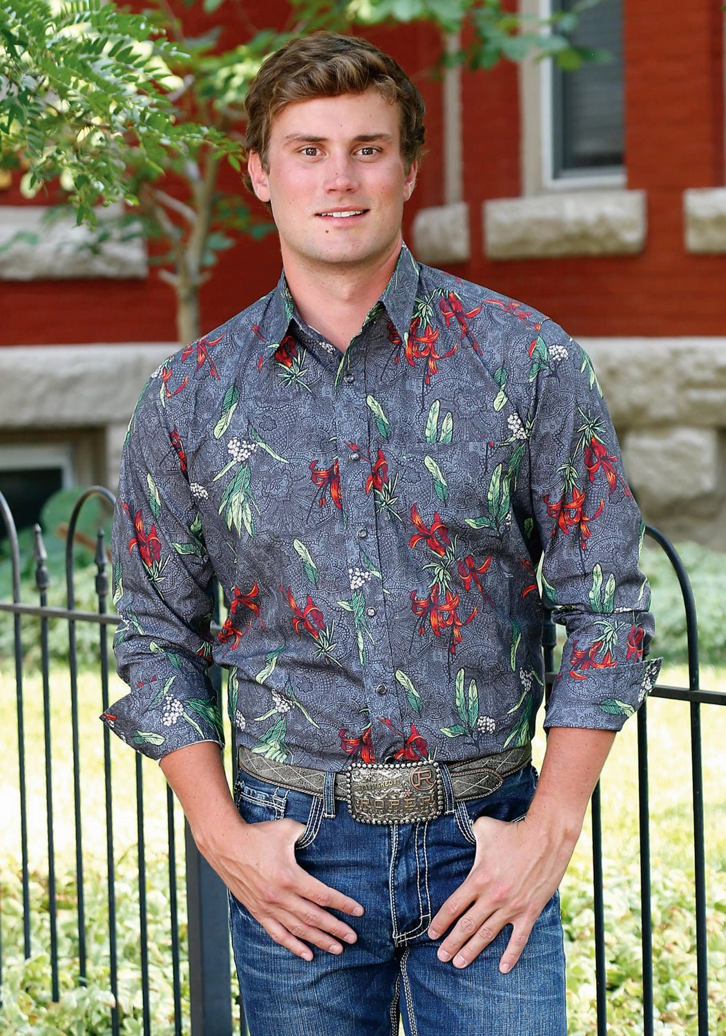 Tin Haul Mens Grey 100% Cotton Tropical Print L/S Shirt Rugged Style