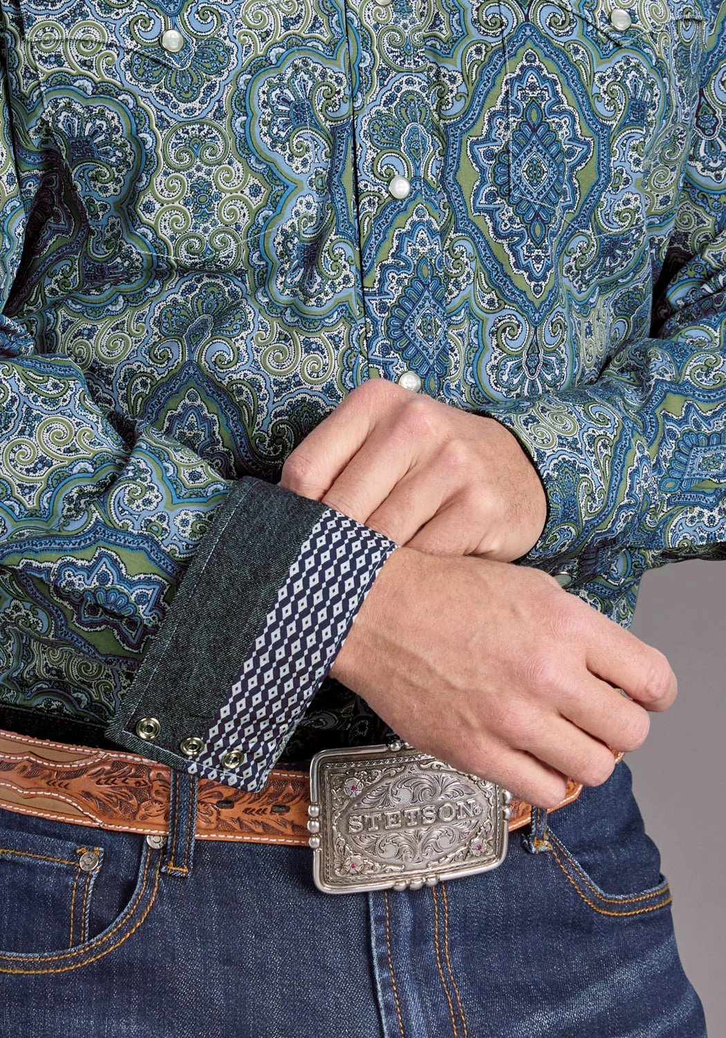 Lightweight Weave Ergonomic Sleeve Cut Stetson Mens 2389 Marble Paisley Blue 100% Cotton L/S Shirt