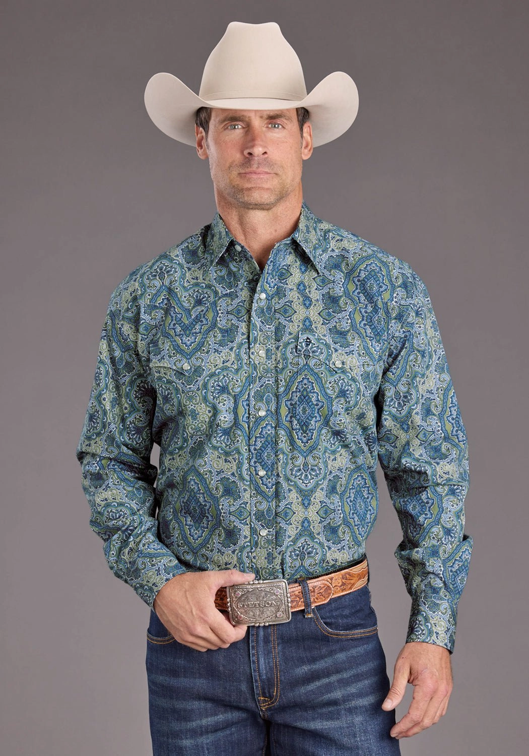 Stetson Mens 2389 Marble Paisley Blue 100% Cotton L/S Shirt Eco Friendly Dye