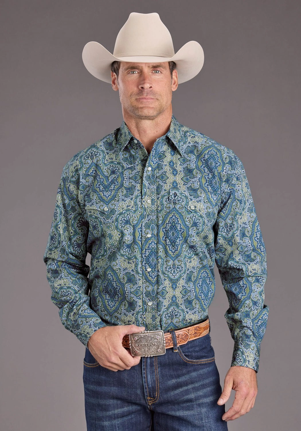 Stetson Mens 2389 Marble Paisley Blue 100% Cotton L/S Shirt Autumn Look Athletic Look