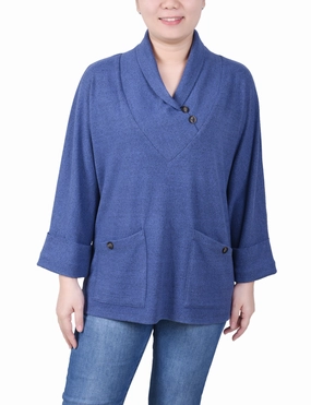 DoubleLayered Edging Non Chlorine Bleach Safe Petite Long Sleeve Shawl Collar Top With Pockets
