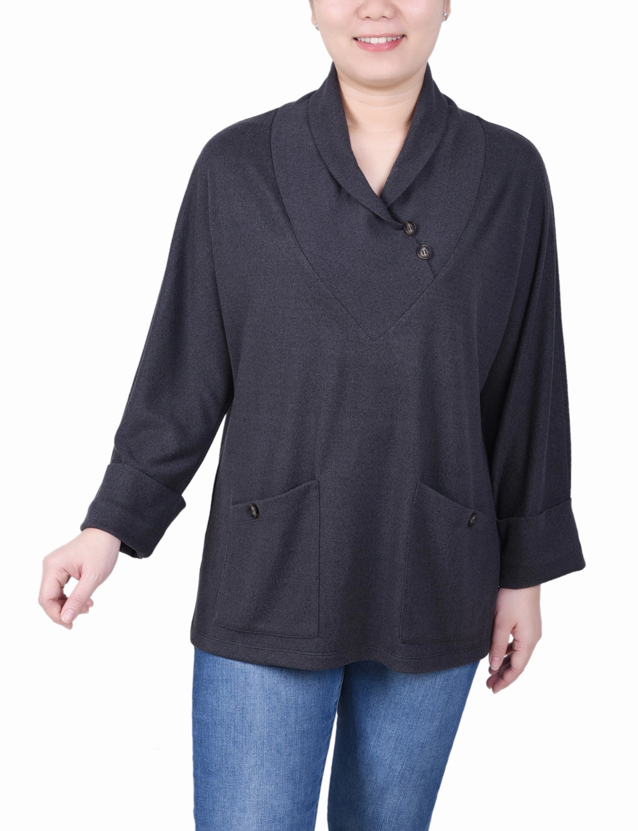 Petite Long Sleeve Shawl Collar Top With Pockets Office Casual Luminous Thread Accents