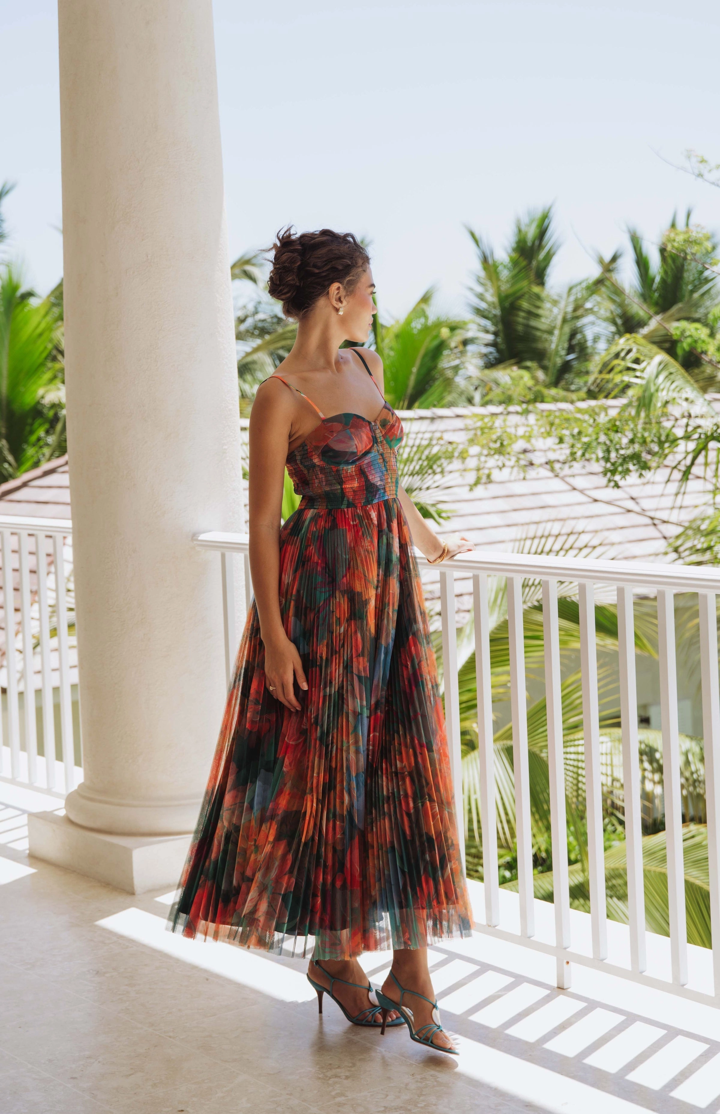 Japan Line Brianna Gown in Teal Multi Overlay Hibiscus Floral