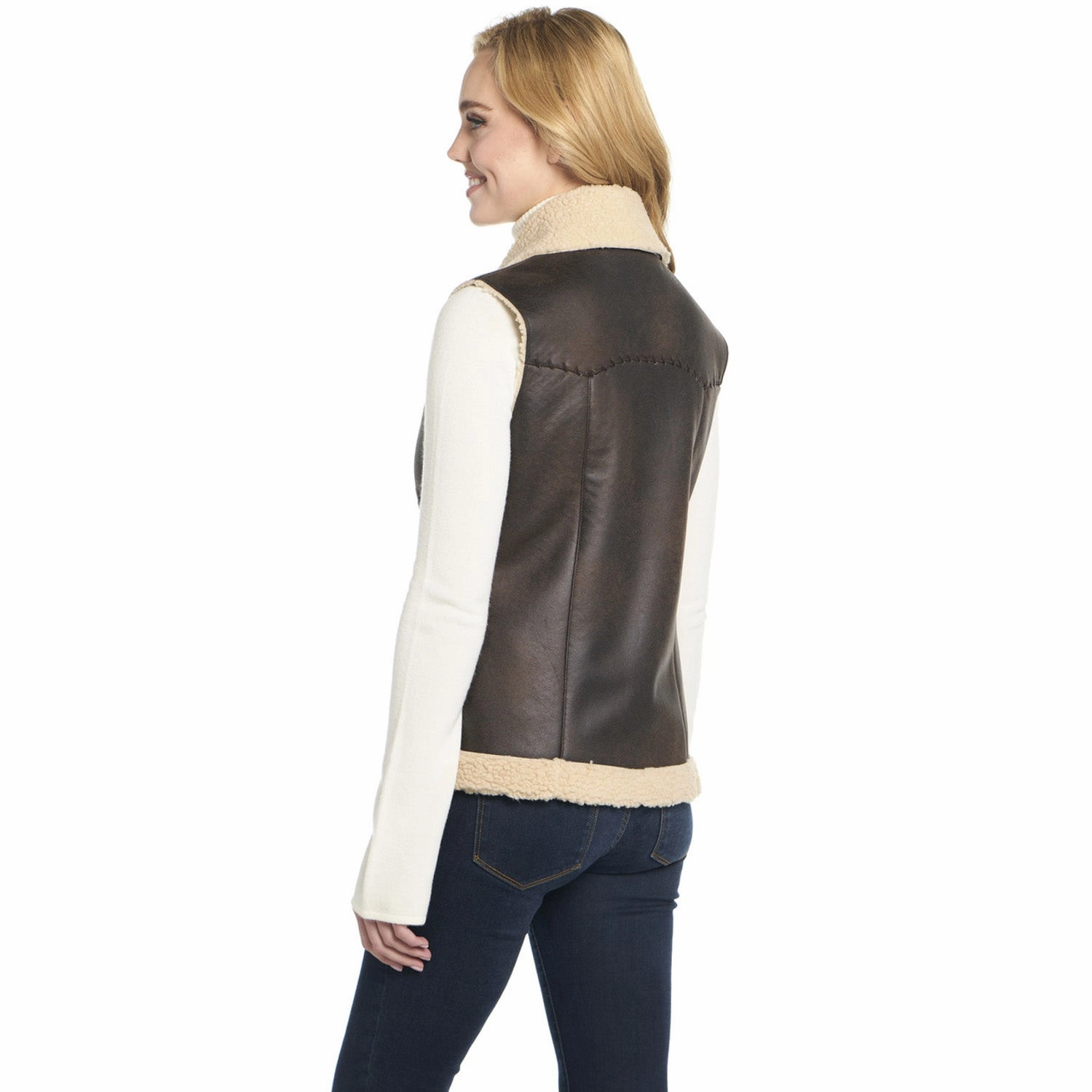 Cripple Creek Womens Open Front Vanilla Bean Faux Shearling Faux Fur Vest Double Layered Collars