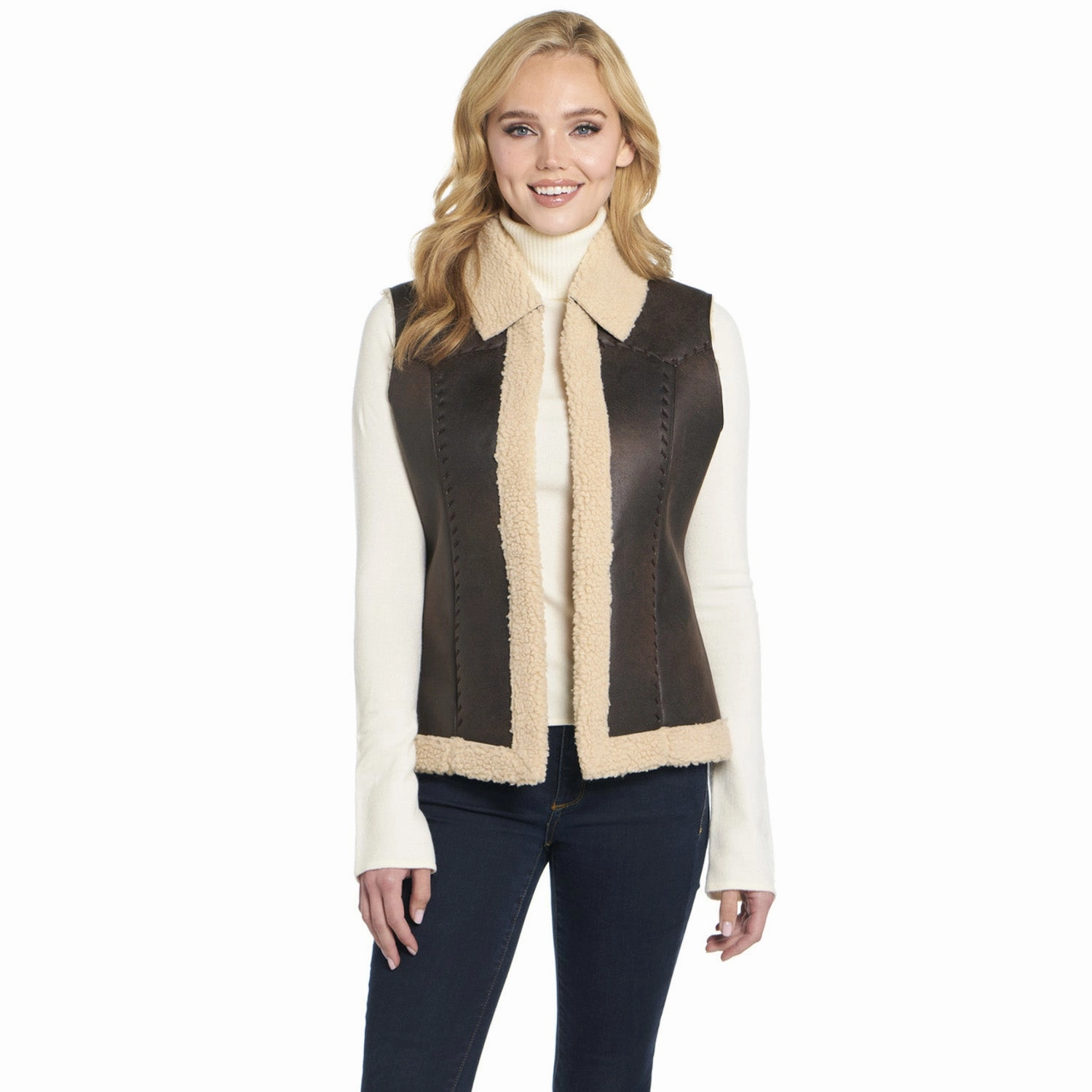 Cozy Layering Fine Gauge Cripple Creek Womens Open Front Vanilla Bean Faux Shearling Faux Fur Vest