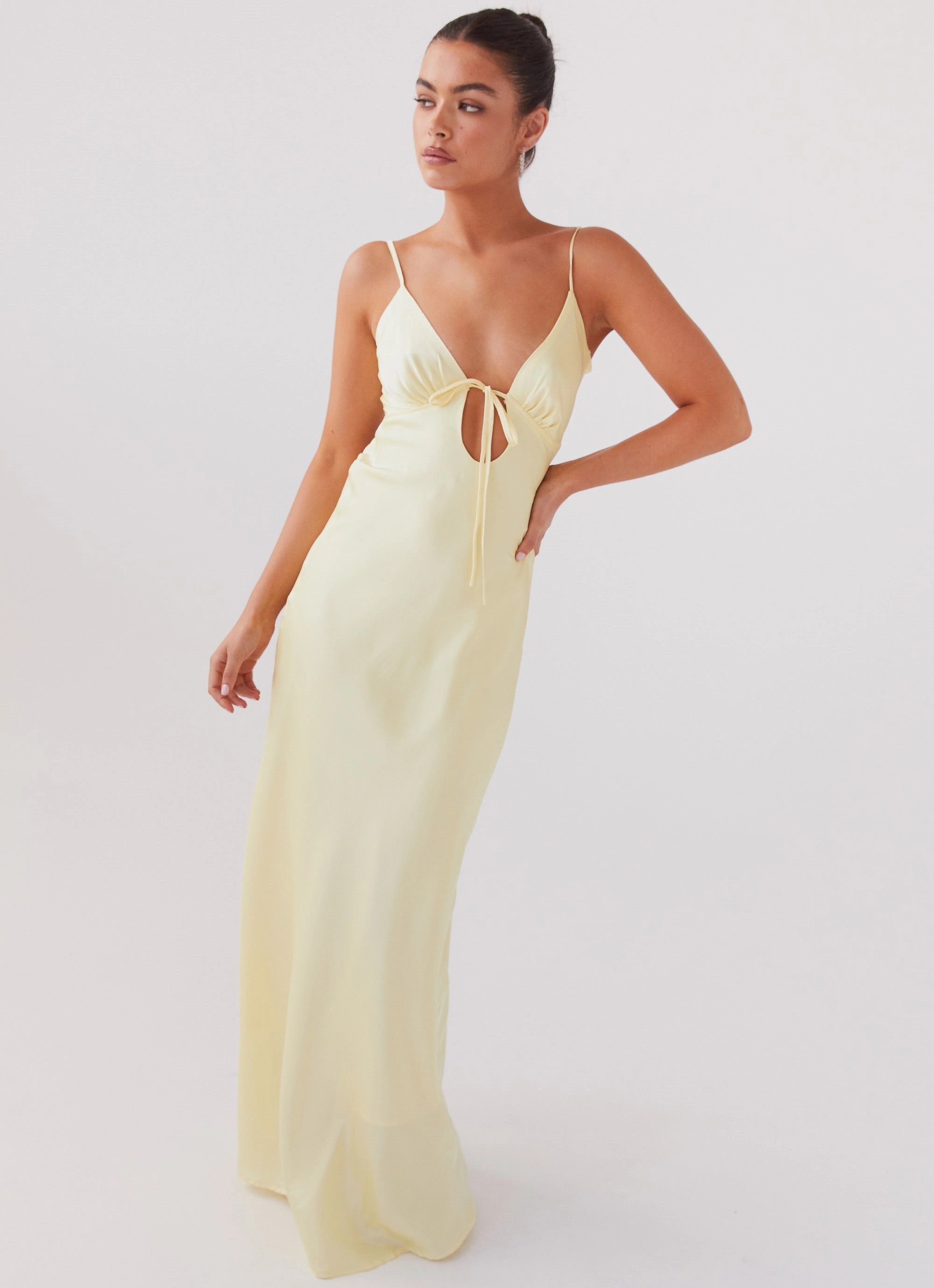 Flora Satin Maxi Dress - Lemon Subtle Motion Light Coral