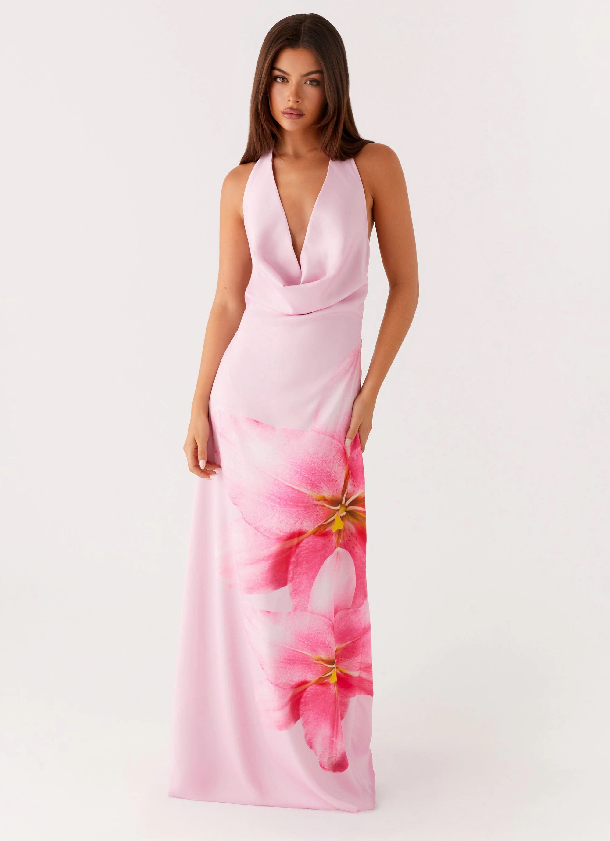 Bryony Cowl Maxi Dress - Pink Feminine Layers Gentle Motion