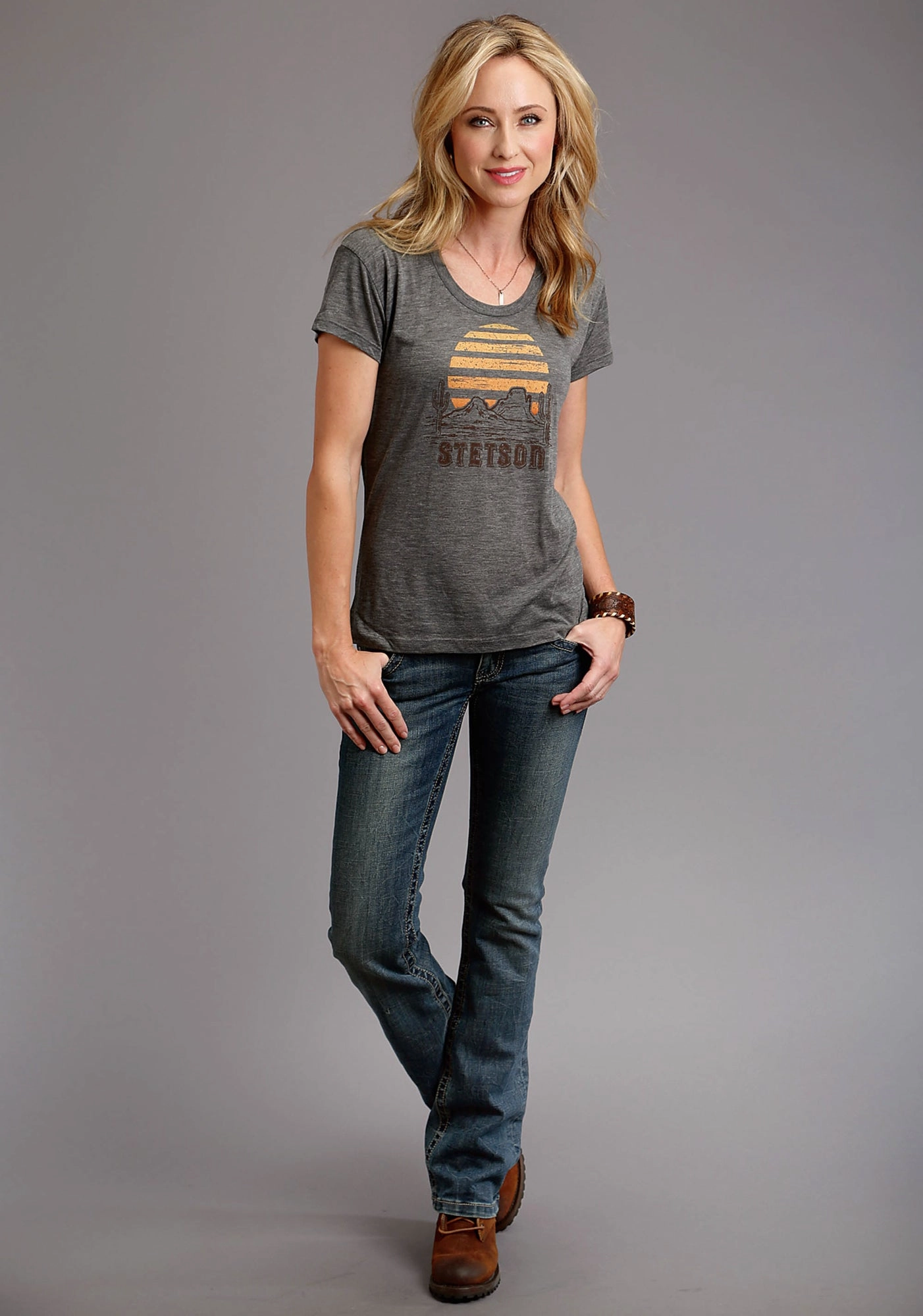 Stetson Womens Grey Poly/Rayon Cactus/Sunset S/S T-Shirt decorative element