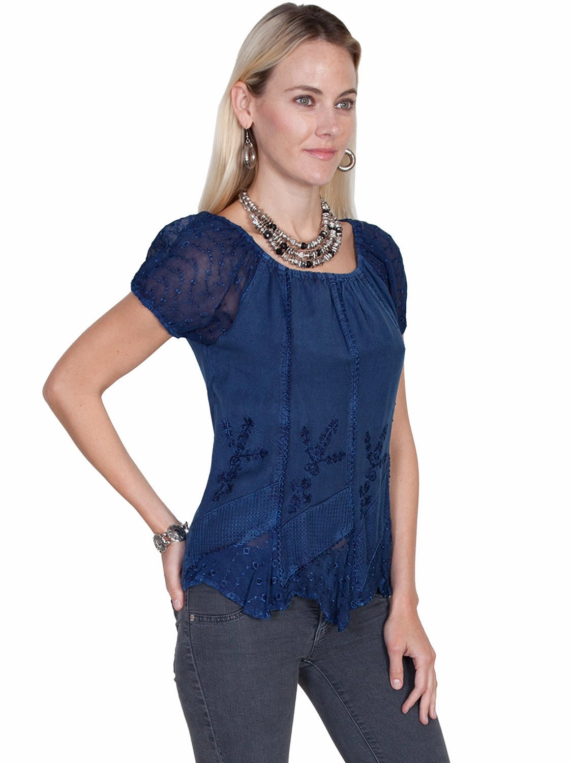 Day-To-Night Wear Scully Honey Creek Womens Blue 100% Rayon S/S Multi-Fabric Blouse