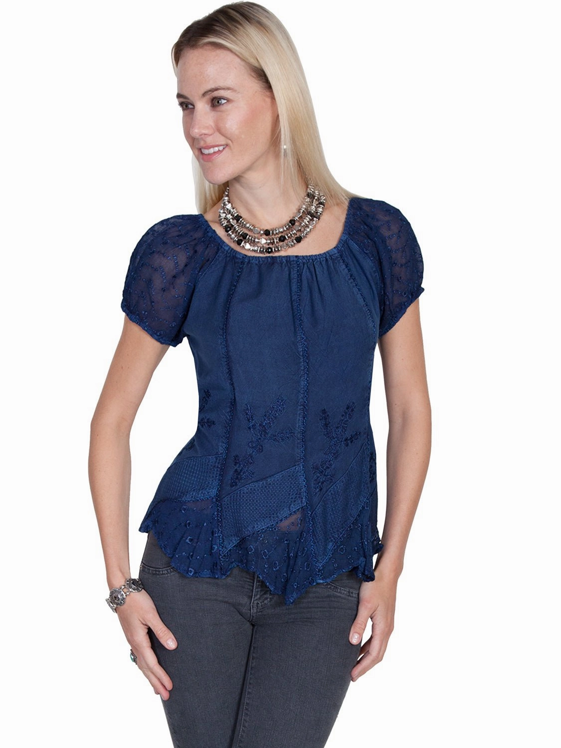 Scully Honey Creek Womens Blue 100% Rayon S/S Multi-Fabric Blouse decorative element