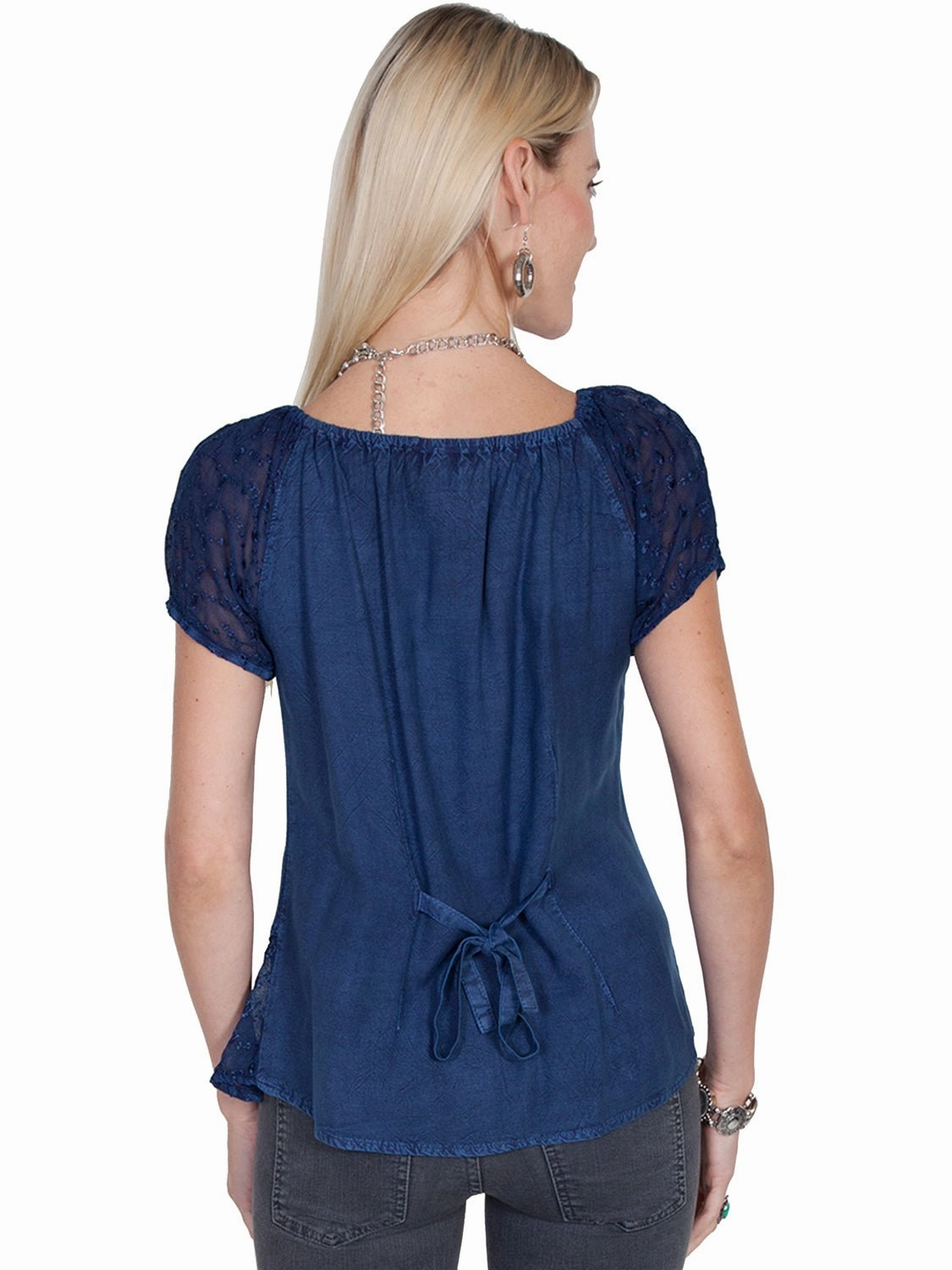 Graphic Art Scully Honey Creek Womens Blue 100% Rayon S/S Multi-Fabric Blouse