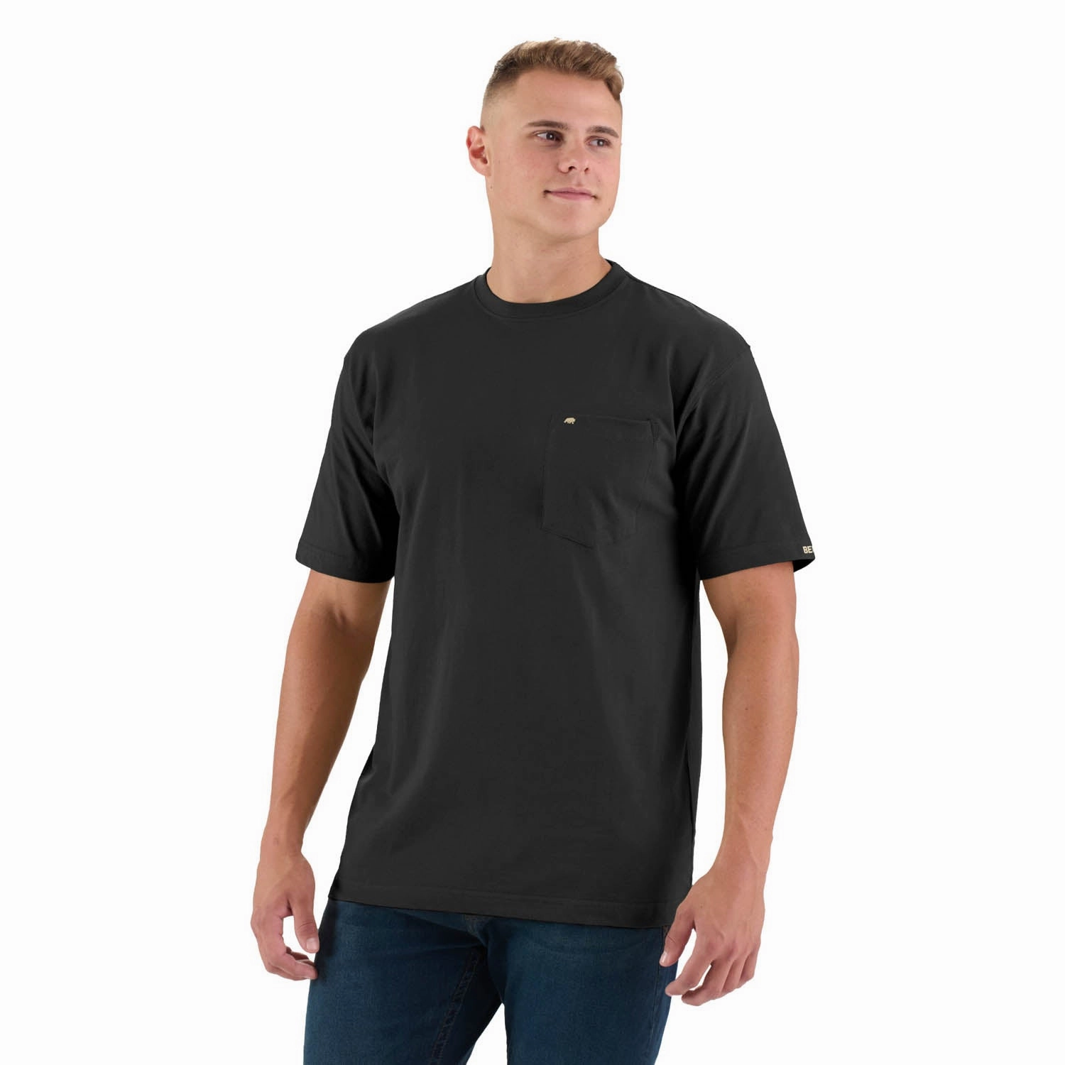 Berne Mens Black 100% Cotton Heavyweight Pocket Tee S/S Anti Static Fabric Laser Cut Edge Detail