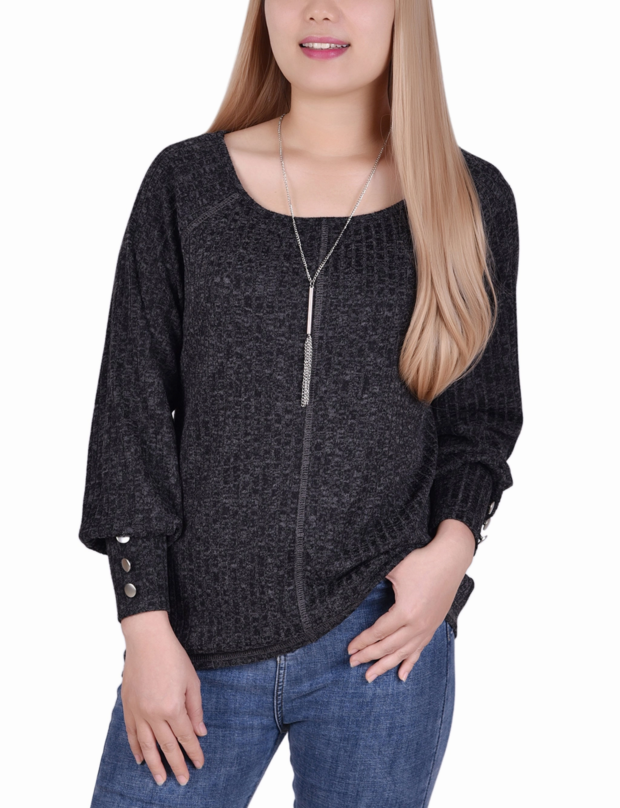 Loungewear Friendly Petite Long Sleeve Ribbed Top With Detachable Necklace