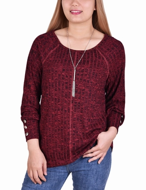 Natural Fiber Composition City Outfit Petite Long Sleeve Ribbed Top With Detachable Necklace