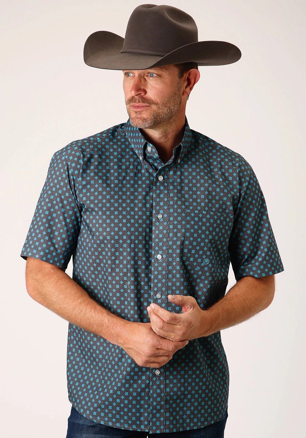 Roper Mens Grey 100% Cotton Cottage Foulard BD S/S 1 Pkt Shirt Layering Piece color block