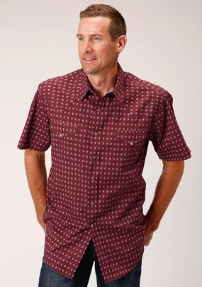 Roper Mens Texture Diamond Red 100% Cotton S/S Shirt Ergonomic Back Panel