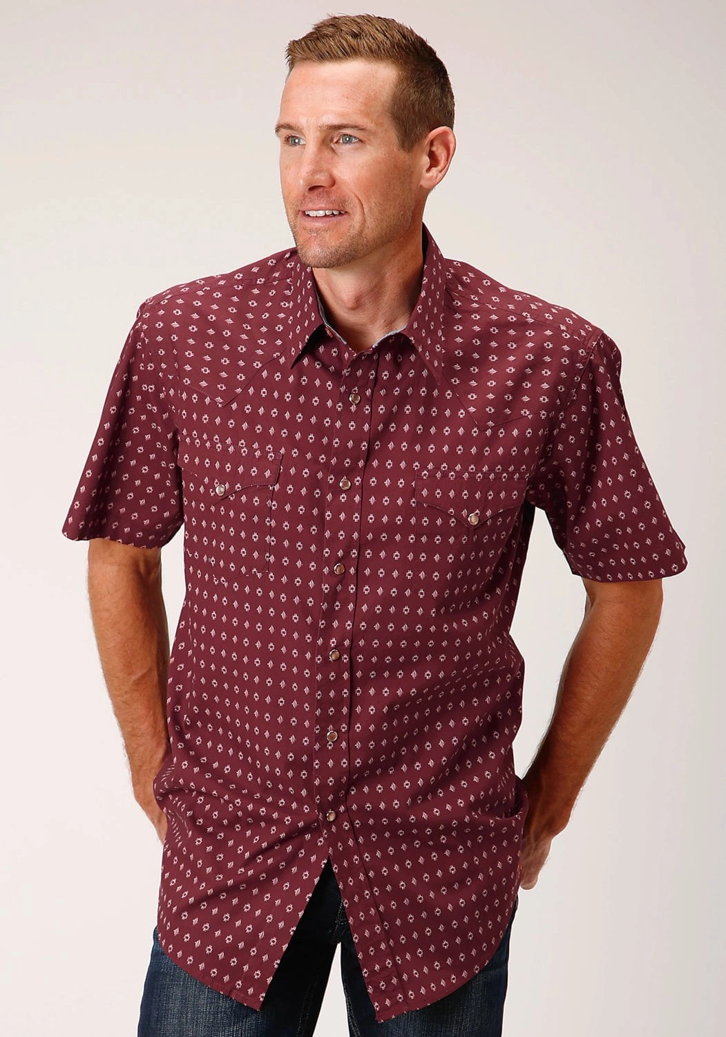 Wrinkle Resistant Roper Mens Texture Diamond Red 100% Cotton S/S Shirt