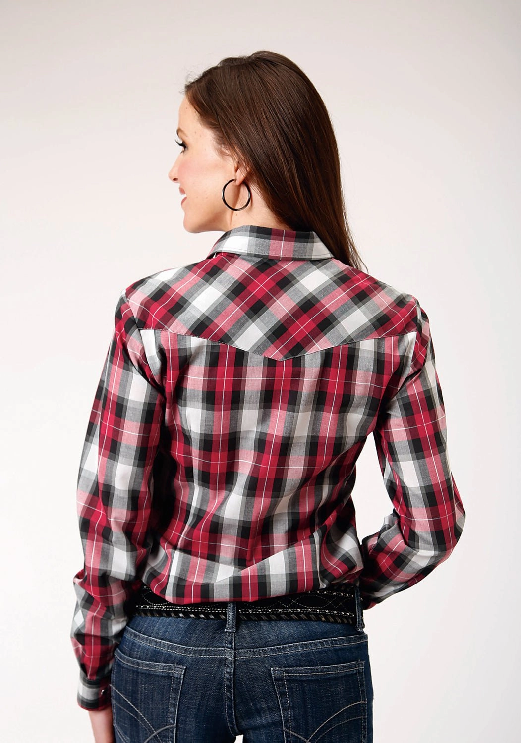 High-End Finish Easy Care Material Roper Womens Grey Plaid Red Cotton Blend L/S Shirt