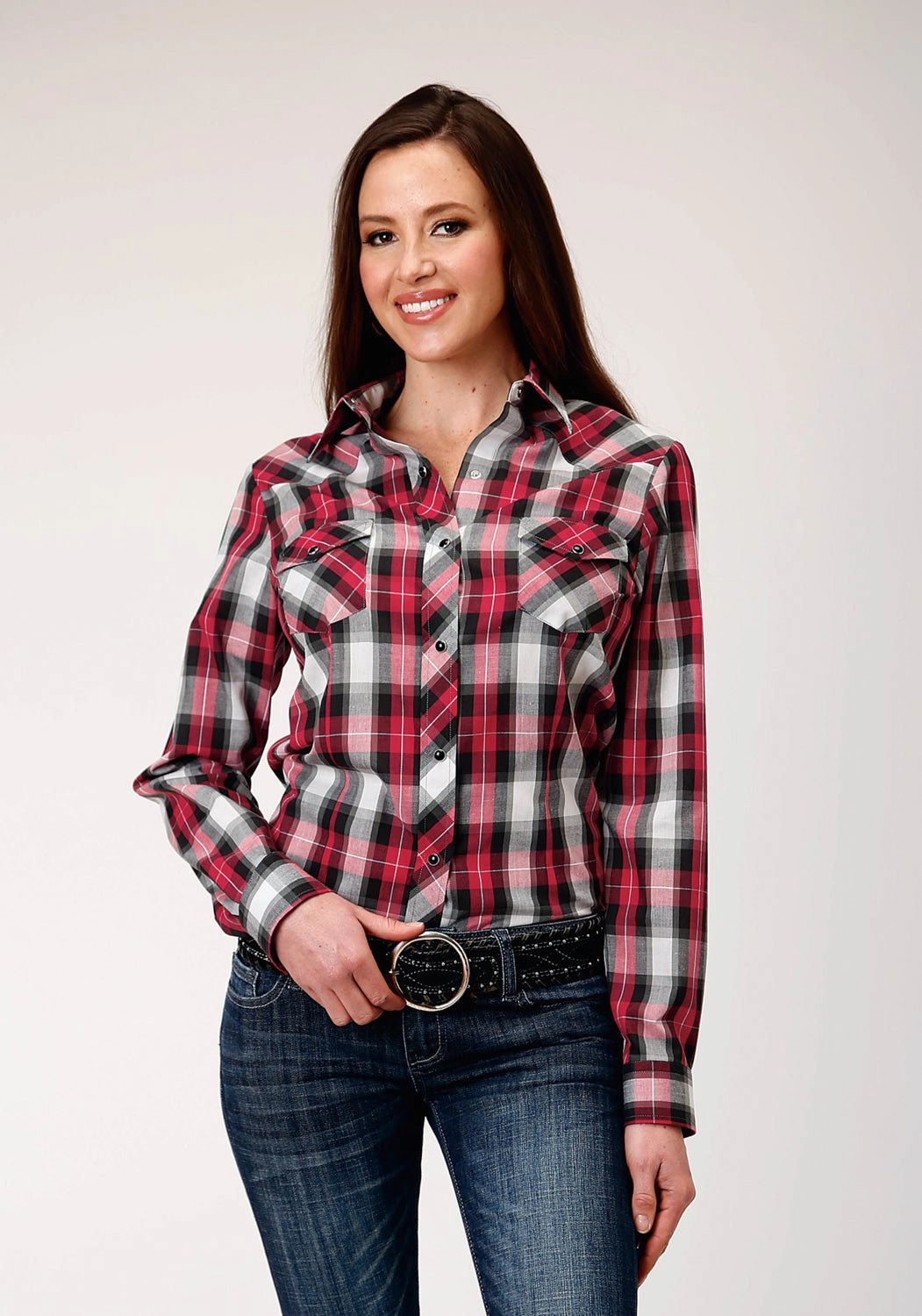 Eco Friendly Production Roper Womens Grey Plaid Red Cotton Blend L/S Shirt
