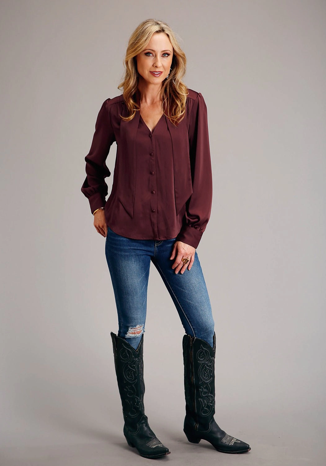 Non Irritating Seams Stetson Womens V-Neck Satin Wine Poly/Rayon L/S Blouse