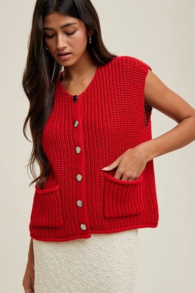 Button Up Sweater Vest - Red Warm And Comfortable
