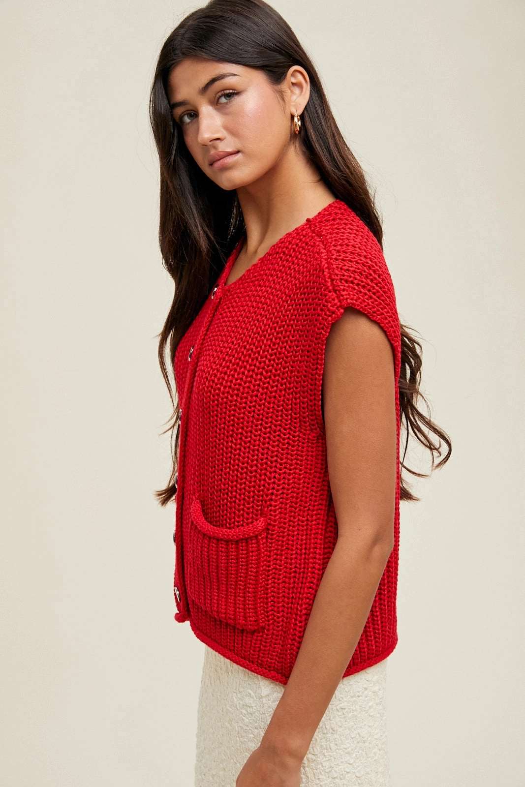 Soft Knit Style Button Up Sweater Vest - Red