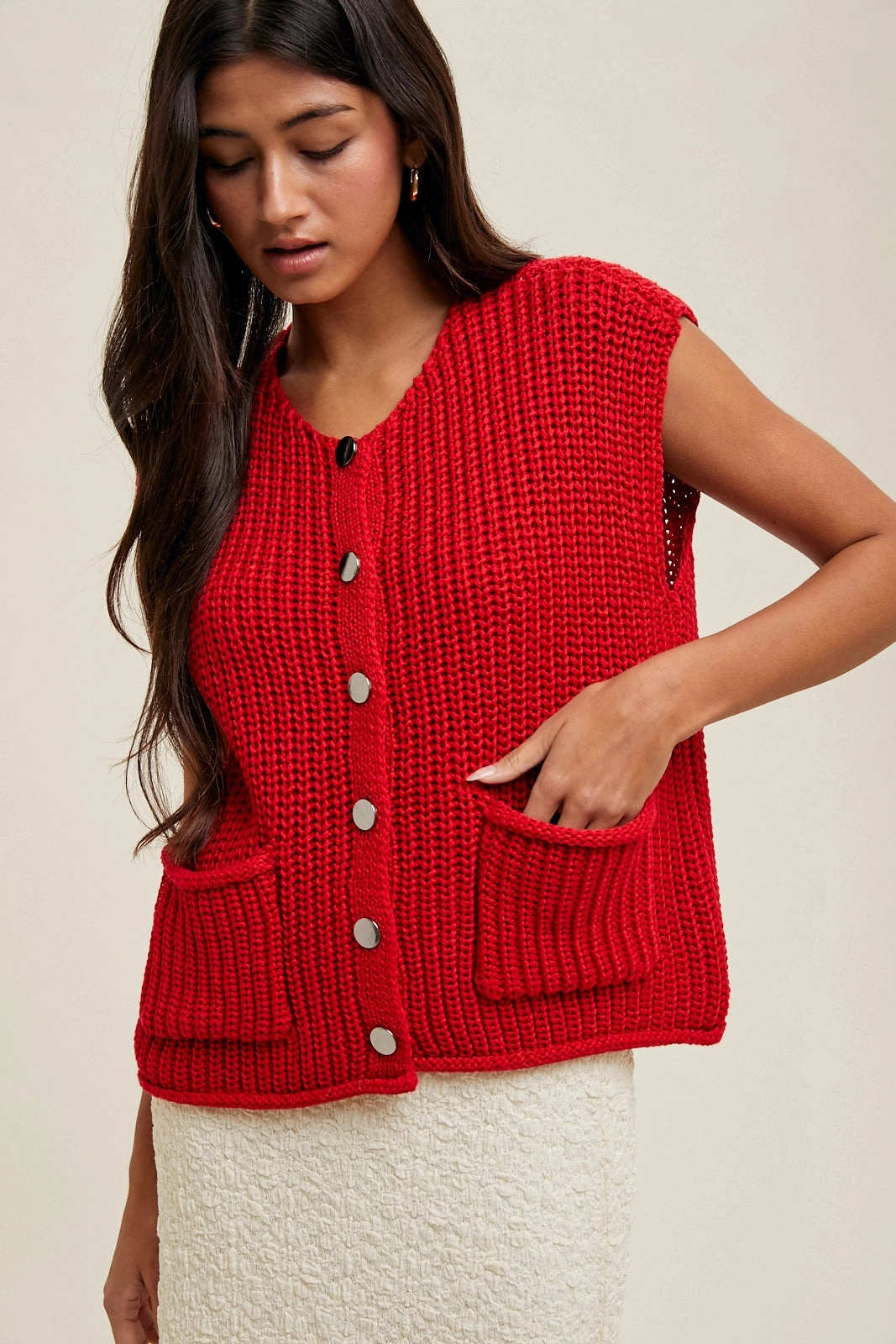 Button Up Sweater Vest - Red Warm And Comfortable