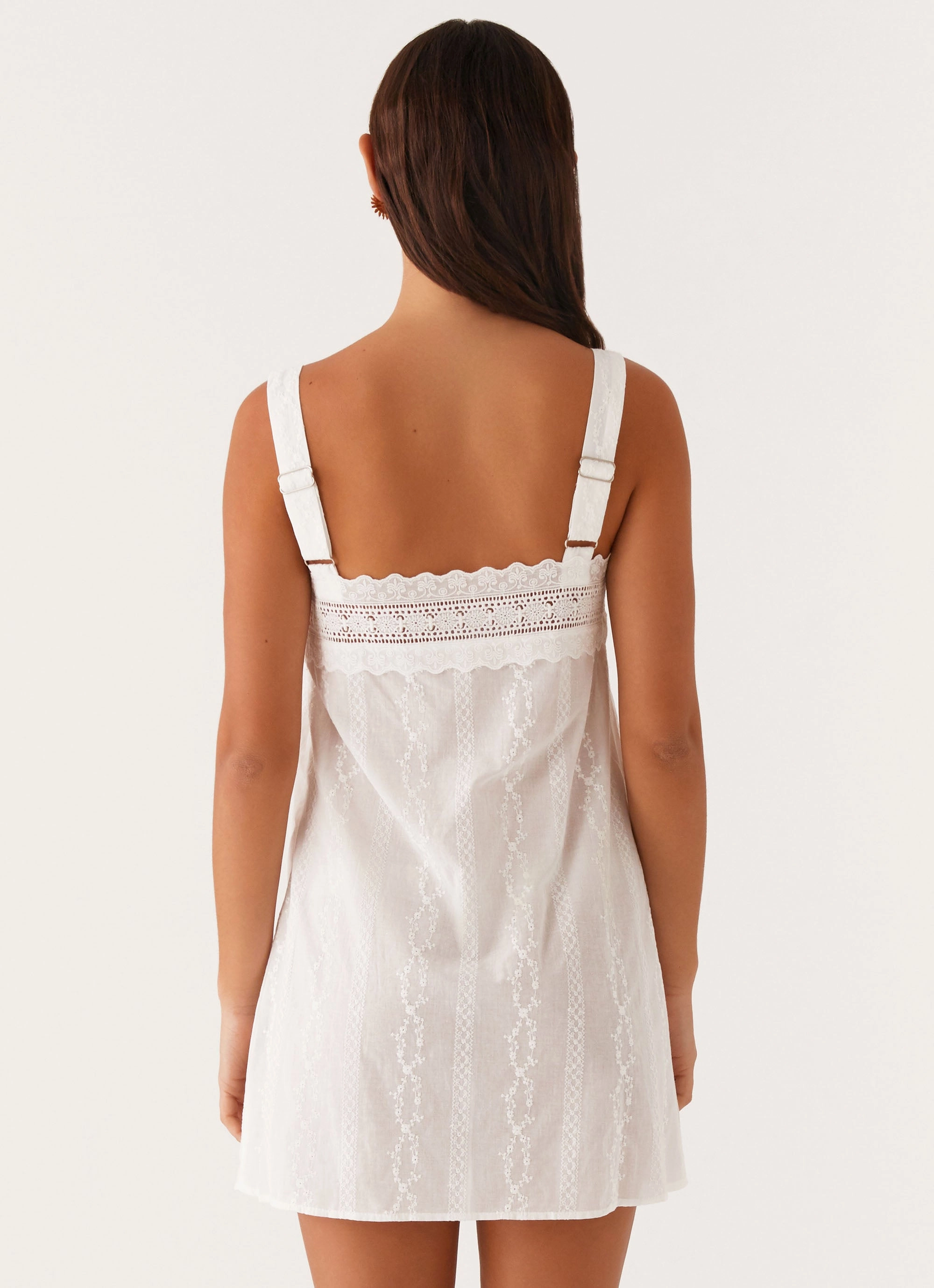 Calla Broderie Mini Dress - White Gentle Drape Tiered Skirt