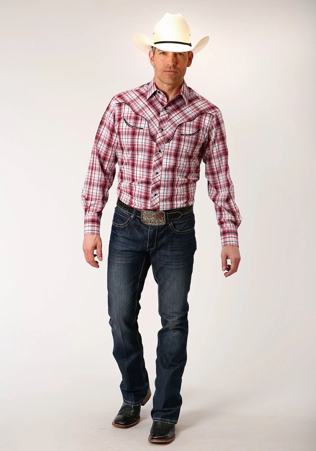Flex Fit Collar Roper Mens Red Cotton Blend Plaid L/S Leafs Shirt
