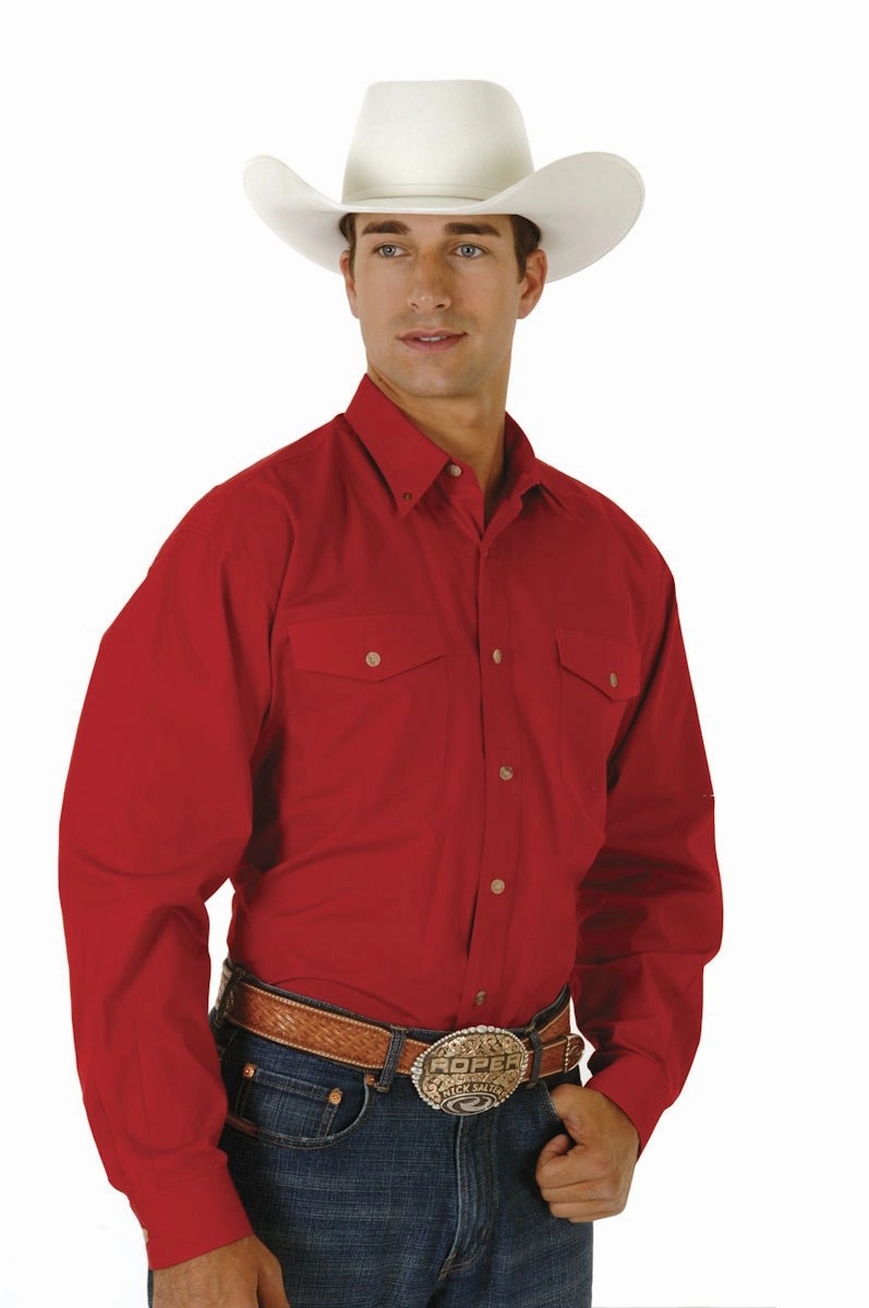 Roper Mens Red 100% Cotton L/S Tall Solid Poplin Long Tail Western Shirt Lightweight Layers
