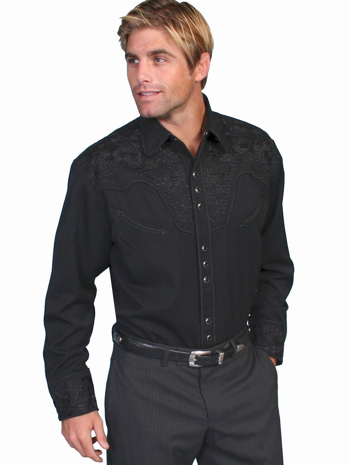Scully Mens Jet Black Poly/Rayon Tooled Floral L/S Shirt Everyday Essential Eco friendly materials