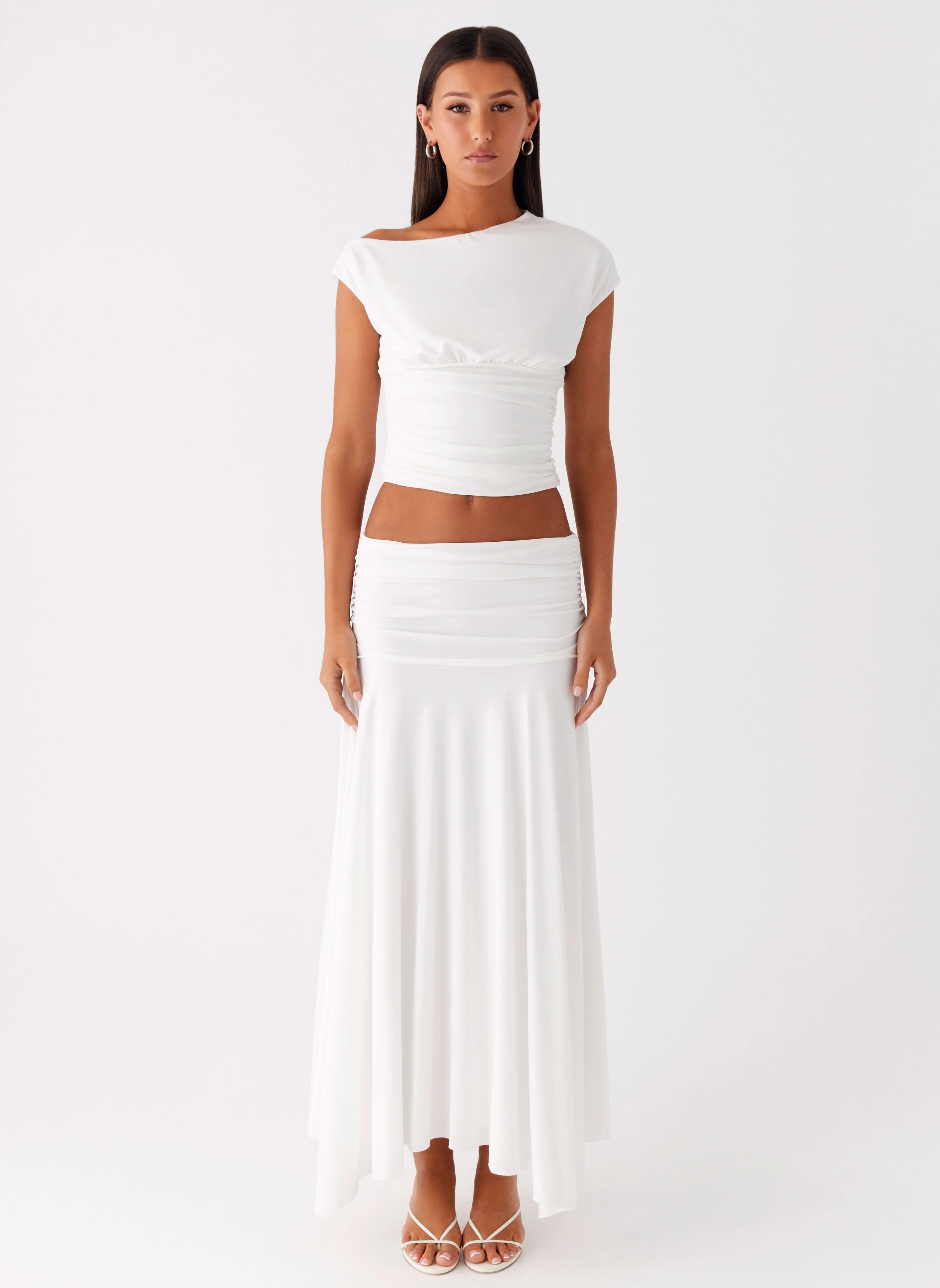 Flowy Drape Outfit Focus Liana Ruched Maxi Skirt - White