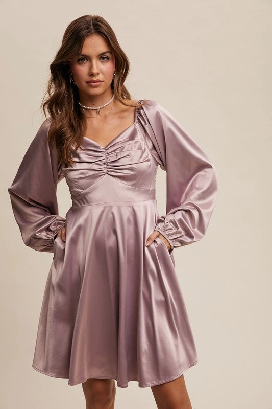 Carly Cinched Long Sleeve Satin Dress NonChafeSeams Standout Feature