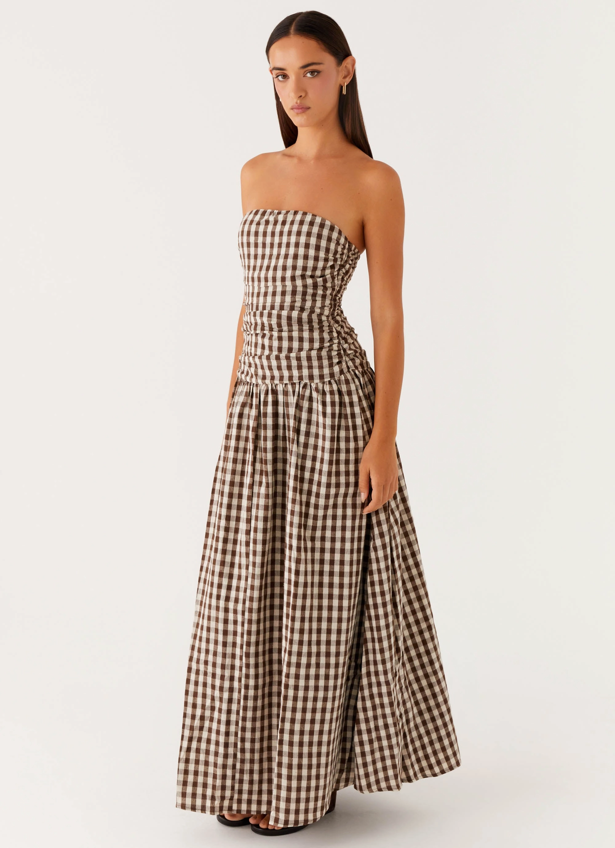 Carmel Maxi Dress - Brown Gingham Relaxed-fit Comfy Fit Wear