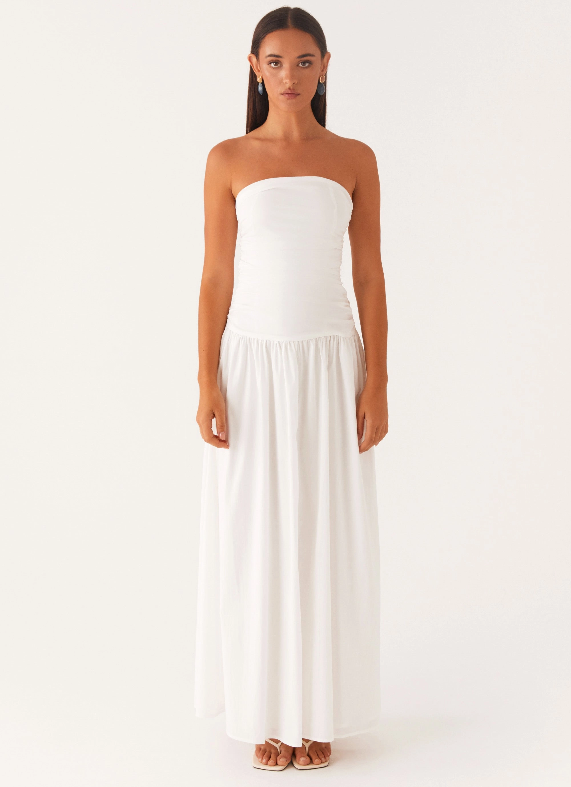Embroidered-Sleeve Matte Fabric Carmel Maxi Dress - White