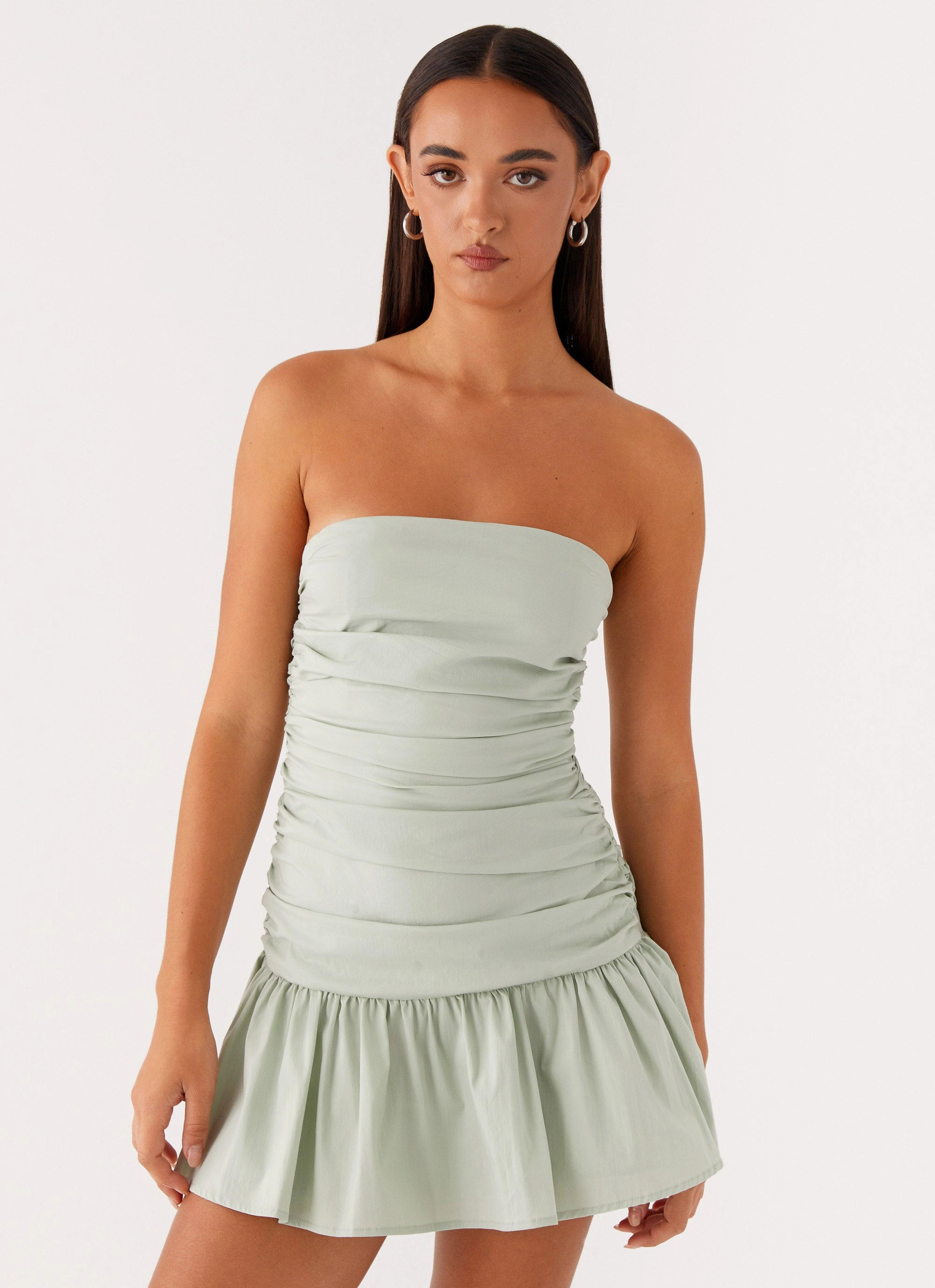 Satin Glow Carmel Mini Dress - Sage