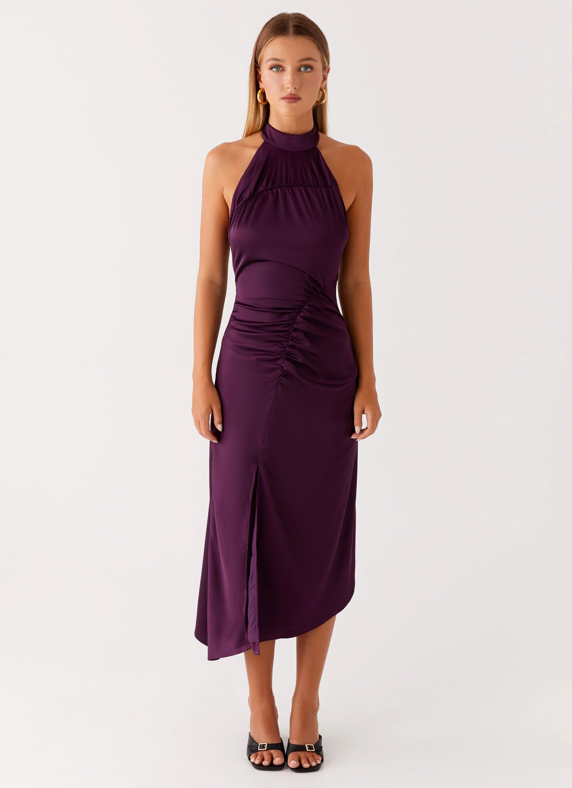 Dreamy Texture Casta Halterneck Midi Dress - Plum
