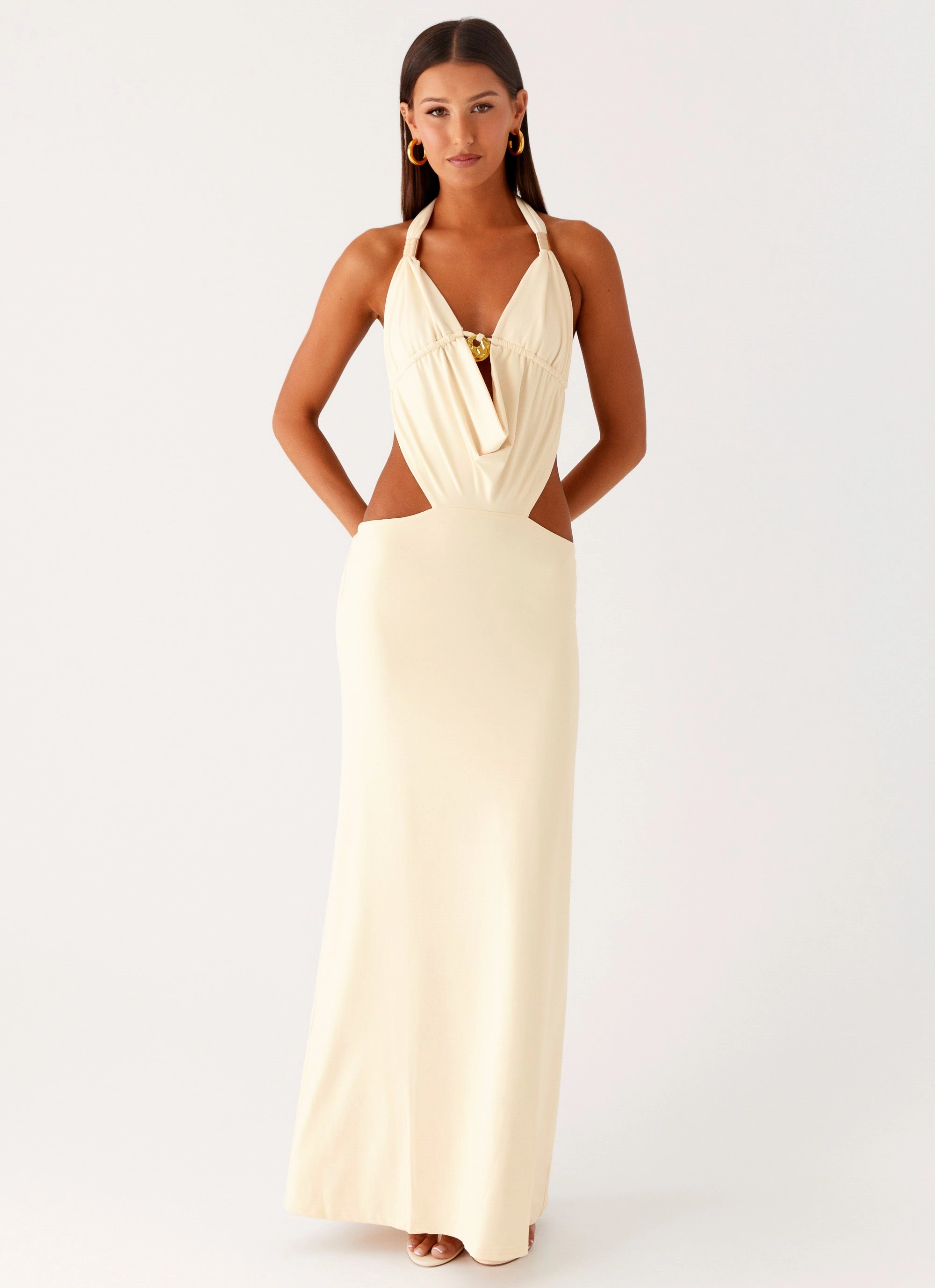Torina Halter Maxi Dress - Lemon Subtle Touch Lightweight