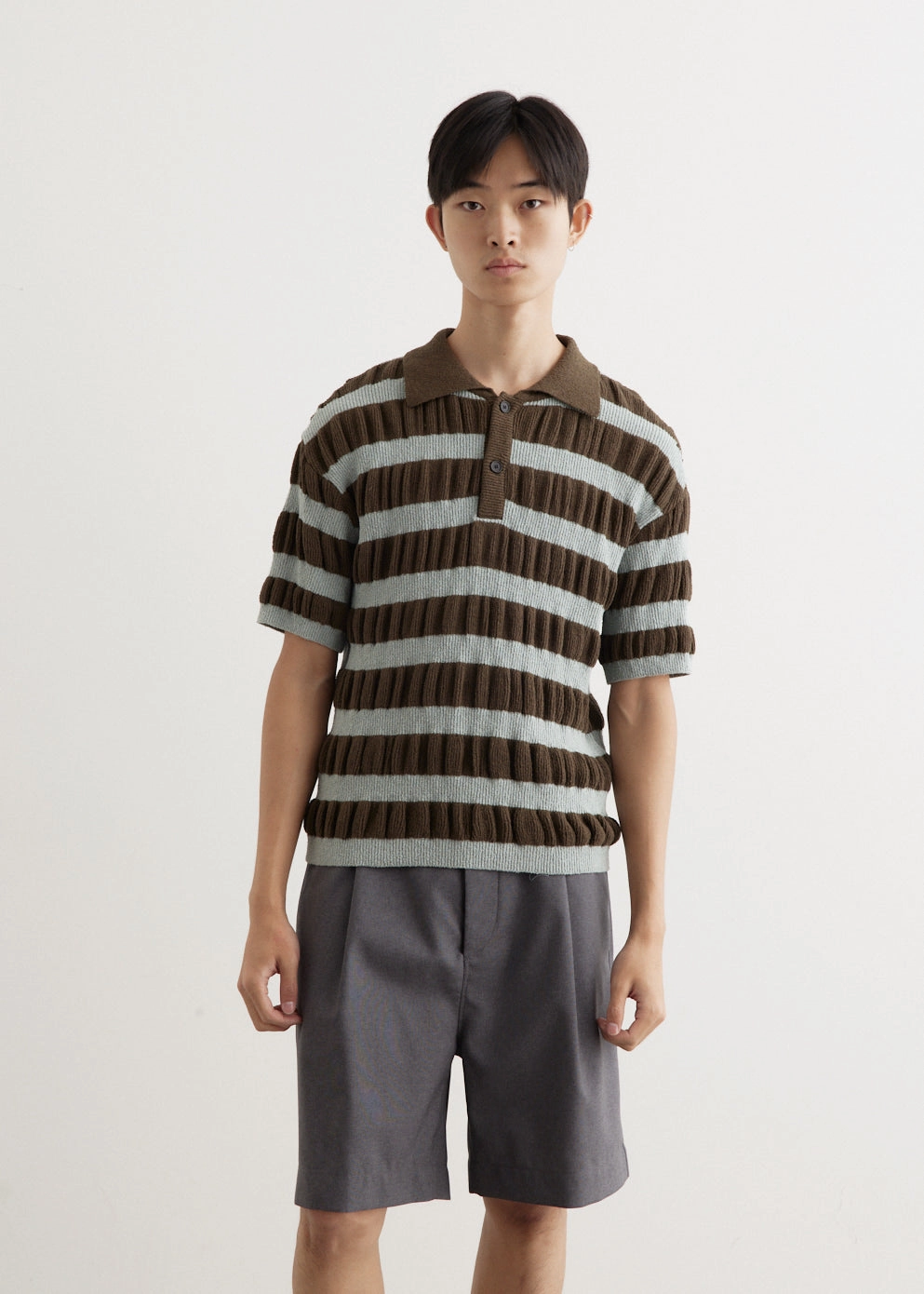 Outdoor Ready Ribbed Hem Detail Bubble Stripe Polo Sweater