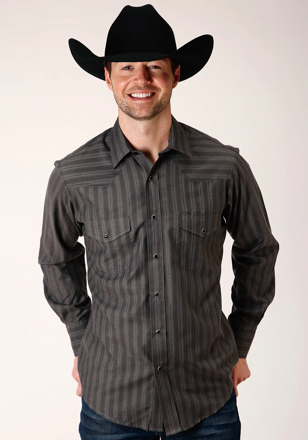 Ventilated Back Panel Multi Pocket Utility Roper Mens Charcoal Cotton Blend Dobby Stripe L/S Tall Shirt