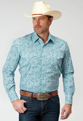 Reinforced Seams Roper Mens Paisley Teal Cotton Blend L/S Shirt