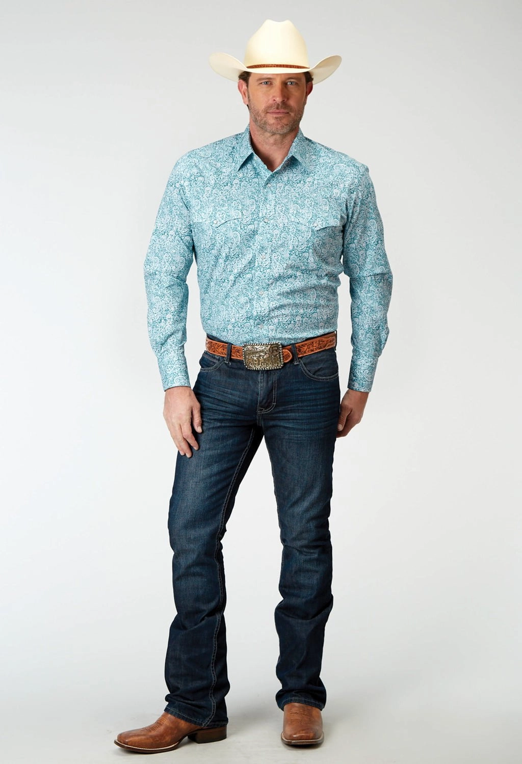 Travelers Choice Flexible Shoulder Construction Roper Mens Paisley Teal Cotton Blend L/S Shirt